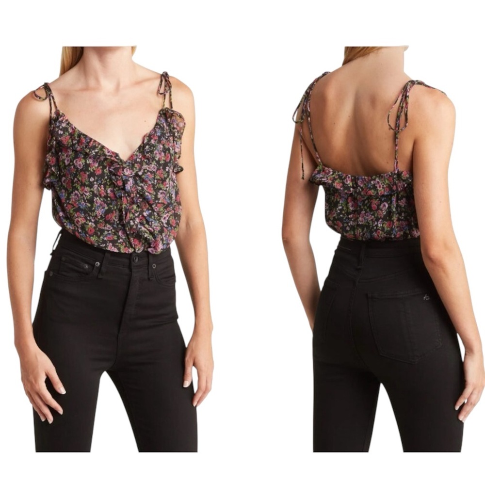 NWT ASTR The Label Black Purple Floral Ruffle Tie Strap Bodysuit Size Medium
